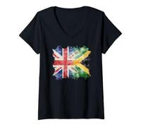 Womens Half British and Jamaican UK Jamaica Roots Union Jack Flag V-Neck T-Shirt