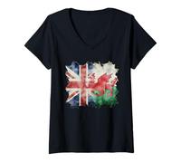 Womens Half British and Welsh UK Wales Roots Union Jack Flag V-Neck T-Shirt