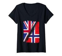 Women's Half British Half Norway Flag Norwegian England Heritage V-Neck T-Shirt
