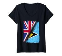 Womens Half British Half St Lucian Flag St Lucia England Heritage V-Neck T-Shirt