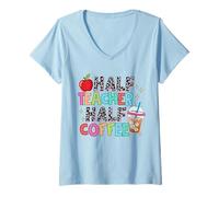 Womens Half Coffee Half Teacher Life Teach Checkered Coffee Lover V-Neck T-Shirt