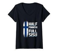 Women's Half Finnish Full Sisu Finland Heritage Flag V-Neck T-Shirt