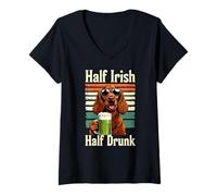 Women's Half Irish Half Drunk Irish Setter Dog Sunglasses V-Neck T-Shirt