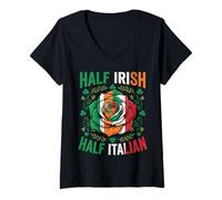 Women's Half Irish Half Italian Rose Flag Flower St Patricks Day V-Neck T-Shirt