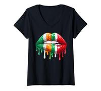 Women's Half Irish Italian Flag Lips Dripping Paint Kiss Mixed DNA V-Neck T-Shirt