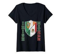 Women's Half Mexican Half Irish Flag Shield Mex-Irish Vertical Text V-Neck T-Shirt