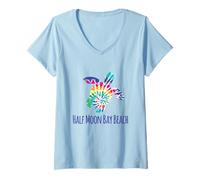 Womens Half Moon Bay Beach BOHO Batik Tie Dye Loggerhead Turtle V-Neck T-Shirt