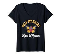 Womens Half My Heart Lives Heaven Butterfly Memorial Husband Widow V-Neck T-Shirt