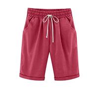 Womens Half Pants Plus Size Knee Length Cotton Linen Shorts with Pockets Summer Solid Beach Vacation Shorts Ladies Straight Leg Trousers Drawstring Elastic Waist Bermuda Shorts Casual Work Shorts