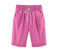 Womens Half Pants Plus Size Knee Length Cotton Linen Shorts with Pockets Summer Solid Beach Vacation Shorts Ladies Straight Leg Trousers Drawstring Elastic Waist Bermuda Shorts Casual Work Shorts
