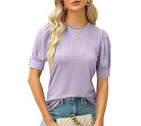 Womens Half Sleeve Tops Dressy Casual Business Blouse Short Sleeve Round Neck Cotton Shirts Summer Hollow Clothes 2024 Breathable Basic Loose Fit Blouses Tshirts Ladies Purple