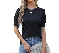 Womens Half Sleeve Tops Dressy Casual Business Blouse Short Sleeve Round Neck Cotton Shirts Summer Hollow Clothes 2024 Breathable Basic Loose Fit Blouses Tshirts Ladies Black