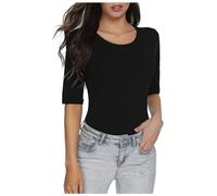 Women's Half Sleeved T Shirt Solid Color Basic Slim Fit Top Elbow Sleeve Tees Women Black