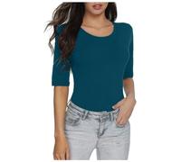 Women's Half Sleeved T Shirt Solid Color Basic Slim Fit Top Elbow Sleeve Tees Women Blue