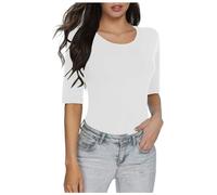 Women's Half Sleeved T Shirt Solid Color Basic Slim Fit Top Elbow Sleeve Tees Women White