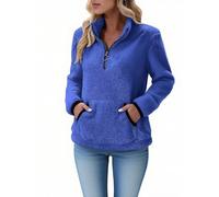Women's Half Zip Fleece Lined Long Sleeve Stand Neck Fleece Tunic Top Solid Color Casual Winter Top with Pockets Sweater Stand Neck Hoodie Blue