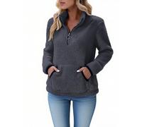 Women's Half Zip Fleece Lined Long Sleeve Stand Neck Fleece Tunic Top Solid Color Casual Winter Top with Pockets Sweater Stand Neck Hoodie Dark Gray
