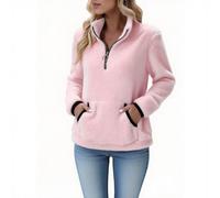 Women's Half Zip Fleece Lined Long Sleeve Stand Neck Fleece Tunic Top Solid Color Casual Winter Top with Pockets Sweater Stand Neck Hoodie Pink