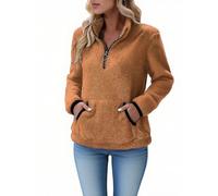 Women's Half Zip Fleece Lined Long Sleeve Stand Neck Fleece Tunic Top Solid Color Casual Winter Top with Pockets Sweater Stand Neck Hoodie Brown