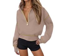 Women's Half Zip Hooded Long Sleeve Pullover Pullover Women Cropped Hoodies Sweatshirts Windproof Comfortable Lightweight Classic Outwear Spring Fall Outfits Sweat Jacket for Friends Khaki