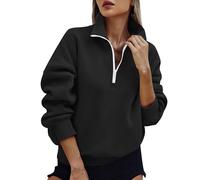 Womens Half Zip Sweatshirt Solid Casual 1/4 Zip Pullover Tops Autumn Winter Cosy Jumpers Ladies Sweaters Quarter-Zip Fleece Sweatshirt with Pockets Knitwear Fashion Casual Long Sleeve Top Black
