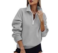 Womens Half Zip Sweatshirt Solid Casual 1/4 Zip Pullover Tops Autumn Winter Cosy Jumpers Ladies Sweaters Quarter-Zip Fleece Sweatshirt with Pockets Knitwear Fashion Casual Long Sleeve Top Gray