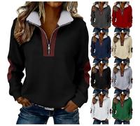 Womens Half Zip Sweatshirts Casual Long Sleeve Stand Collar Jumpers Color Block Fleece Collared Pullover Tops Fashion Leather Patchwork Plus Size Hoodless Sweatshirt Loose Fit Leisure Jacket Top