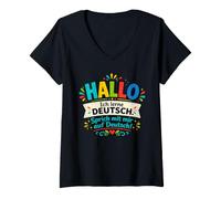 Women's Hallo I'm Learning German Talk to Me Funny Language Student V-Neck T-Shirt