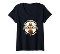 Womens Hallowed Be Thy Gains Funny Fitness Workout Gym Jesus Lift V-Neck T-Shirt