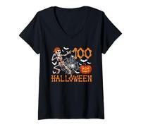 Womens Halloween 100th Birthday Funny Skeleton Horror Carved Pumpki V-Neck T-Shirt