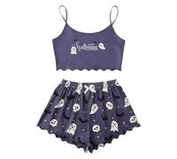 Womens Halloween 2 Piece Pajamas Trousers PJ Set Ghost Pumpkin Print Pajama Adults Elastic Waist Comfort Long Sleeve Bat Pocket Light Purple