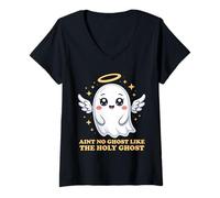 Womens Halloween Ain't No Ghost Like The Holy Ghost Angel Halo V-Neck T-Shirt