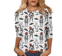 Womens Halloween Apparel Doodles Crew Neck Spooky Season Shirt 3/4 Length Sleeve Spooky Tee Playful Colorful Family Party Outfit Clothes for Local Halloween Festivals (White, L)
