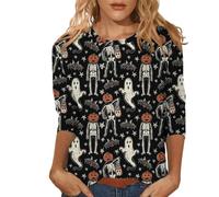Womens Halloween Apparel Doodles Crew Neck Spooky Season Shirt 3/4 Length Sleeve Spooky Tee Playful Colorful Family Party Outfit Clothes for Local Halloween Festivals (Black, XXXL)
