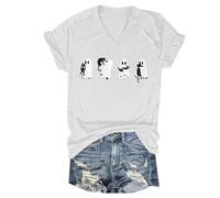 Womens Halloween Apparel Fall Chost Print Crew Neck T-Shirts Short Sleeve Spooky Season Top Witchy Festival Family Party Basic Blouse Halloween Themed Parties Costume (White, L)