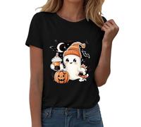 Womens Halloween Apparel Fall Pumpkin Ghost Print T-Shirts Casual Short Sleeve Top Happy Festival Family Party Celebration Halloweentown University Tops (Black, L)