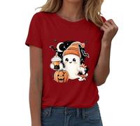 Womens Halloween Apparel Fall Pumpkin Ghost Print T-Shirts Casual Short Sleeve Top Happy Festival Family Party Celebration Halloweentown University Tops (Red, L)
