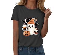 Womens Halloween Apparel Fall Pumpkin Ghost Print T-Shirts Casual Short Sleeve Top Happy Festival Family Party Celebration Halloweentown University Tops (Grey, S)