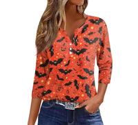 Womens Halloween Apparel Fall Pumpkin Print Buttons Neck T-Shirts 3/4 Length Sleeve Spooky Fashion Tee Lightweight Colorful Thanksgiving Outfit Clothes for Halloween Costume Parties (Red, S)