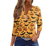Womens Halloween Apparel Fall Pumpkin Print Buttons Neck T-Shirts 3/4 Length Sleeve Spooky Fashion Tee Lightweight Colorful Thanksgiving Outfit Clothes for Halloween Costume Parties (Orange, XXXL)