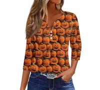 Womens Halloween Apparel Funny Pumpkin Printed Spooky Season Shirts 3/4 Length Sleeve Top Witchy Festival Family Party Celebration Basic Blouse Halloweentown University Tops (Gold, M)