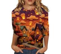 Womens Halloween Apparel Funny Pumpkin Printed Spooky Season Shirts 3/4 Sleeve Loose Fit Top Playful Colorful Family Party Outfit Clothes for Halloween Costume Parties (Red, L)