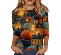 Womens Halloween Apparel Funny Pumpkin Printed Spooky Season Shirts 3/4 Sleeve Loose Fit Top Playful Colorful Family Party Outfit Clothes for Halloween Costume Parties (Watermelon Red, XXXL)