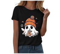 Womens Halloween Apparel Funny Pumpkin Printed Spooky Season Shirts Short Sleeve Casual Top Colorful Playful Quirky Outfit Clothes Halloween Street Travel (Black, XXXL)