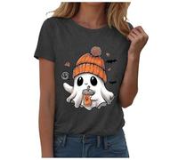 Womens Halloween Apparel Funny Pumpkin Printed Spooky Season Shirts Short Sleeve Casual Top Colorful Playful Quirky Outfit Clothes Halloween Street Travel (Grey, L)
