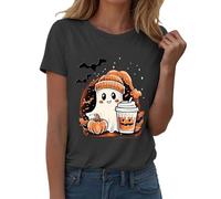 Womens Halloween Apparel Pumpkin Print Crewneck Costume Short Sleeve Spooky Fashion Tee Happy Festival Family Party Celebration Halloween Fashion Gift Top (Grey, L)