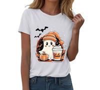 Womens Halloween Apparel Pumpkin Print Crewneck Costume Short Sleeve Spooky Fashion Tee Happy Festival Family Party Celebration Halloween Fashion Gift Top (White, M)