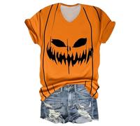Womens Halloween Apparel Pumpkin Print Crewneck Costume Short Sleeve Top Lightweight Colorful Thanksgiving Outfit Clothes Home Halloween Decorating Costume (Orange, XXL)