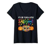 Womens Halloween Autism Pumpkin It's OK to Be a Little Different V-Neck T-Shirt