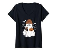 Women's Halloween Beanie Ghost - Funny Pumpkin Bats Spooky Halloween V-Neck T-Shirt